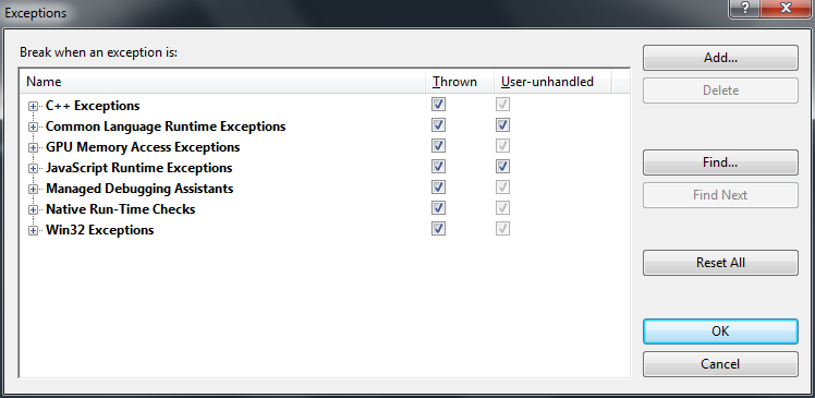Break when any exception is thrown