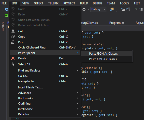 Edit -> Paste Special -> Paste JSON As Classes