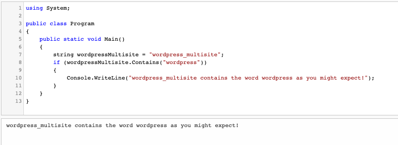 Screenshot of C# application showing Contains function results