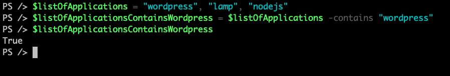 Screenshot of Powershell script showing Contains operator results over a list of strings