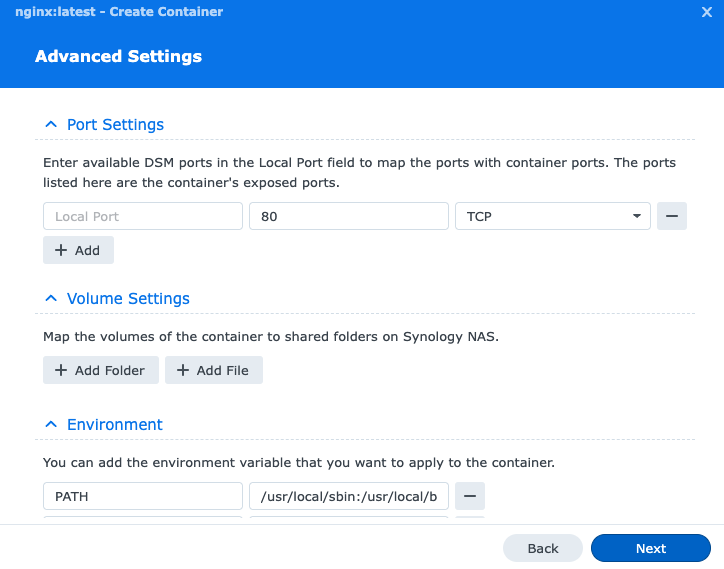 Advanced settings while running a container