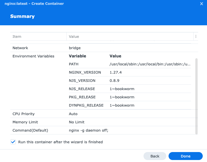 Container settings summary