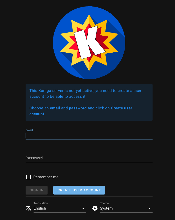 Komga login page