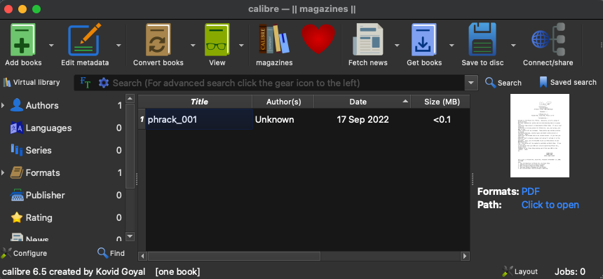 Calibre showing uploaded PDF