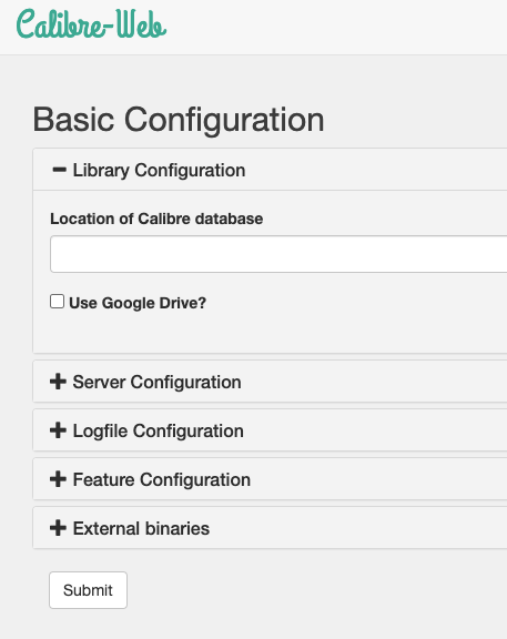 Calibre-web configuration screen