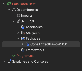Window showing the CodeArtifactBasics package added to the CalculatorClient project.