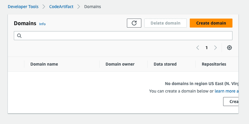 Screenshot showing the Create domain button in the Domains page