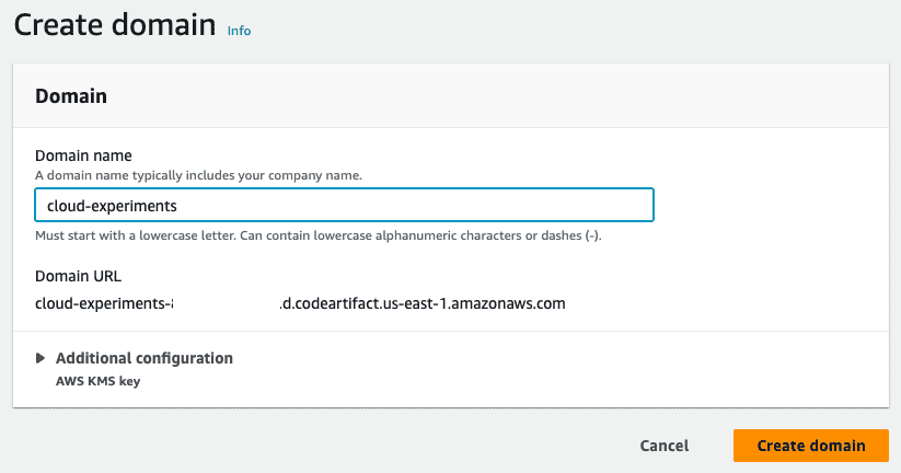 Screenshot showing the domain name entered as cloud-experiments and the Create domain button to finish setup.