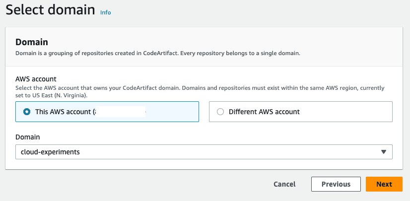 Screenshot showing the AWS account and domain selection