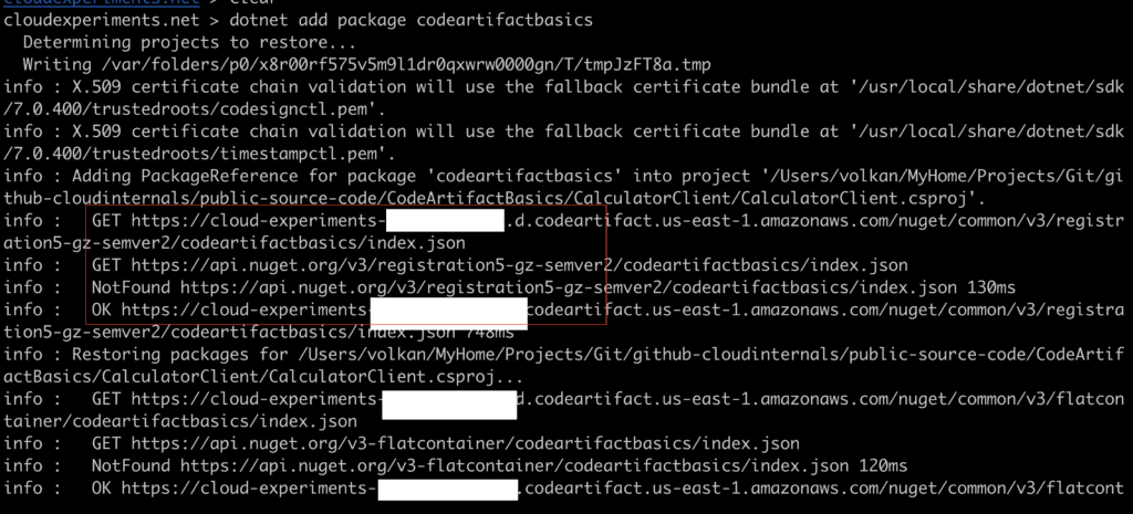 Terminal window showing the requests for downloading the NuGet package