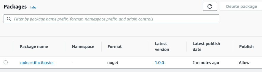 Screenshot showing the newly published package in the packages list