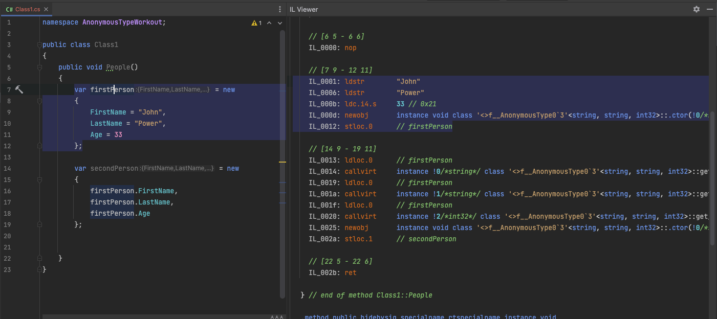 The output of IL viewer showing the compiler output of anonymous types