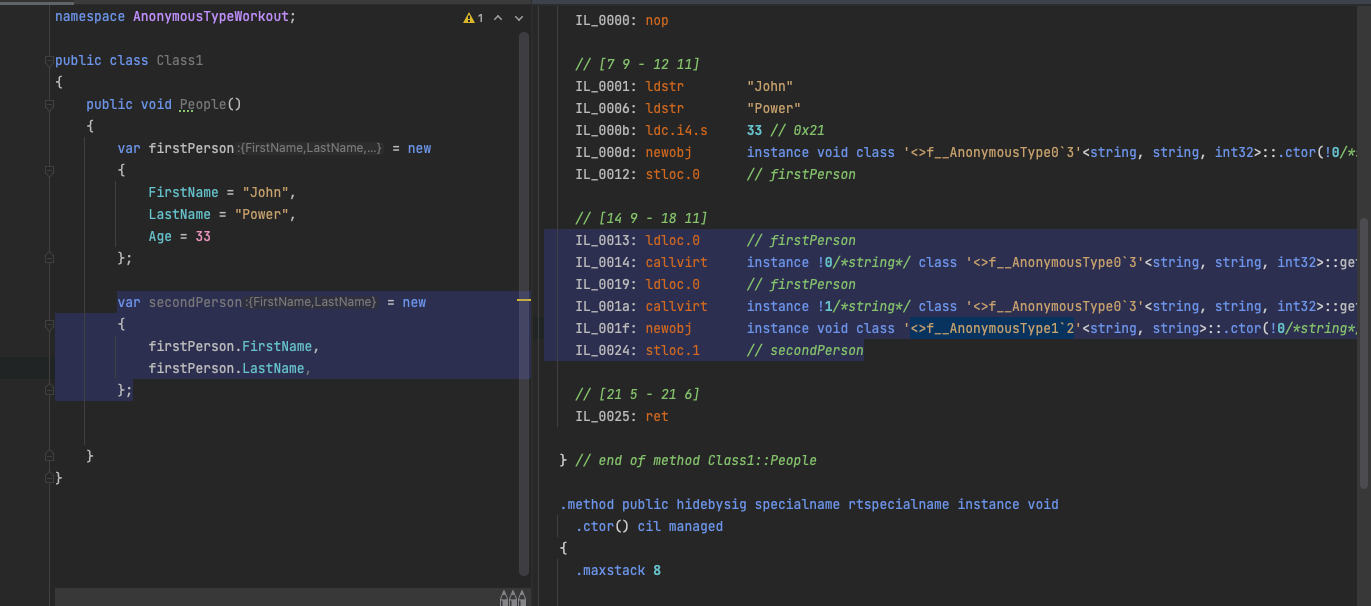 The output of IL viewer showing the compiler output of anonymous types when Age property is removed from secondPerson object