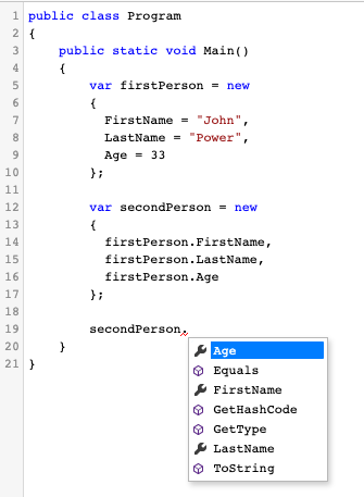 Auto-complete showing the properties on secondPerson object