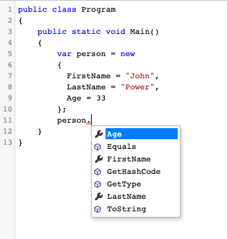 Auto-complete showing the properties of person object