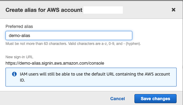 Create alias for account dialog with preferred alias value provided. It shows an information box saying IAM users can still access the account by account id