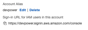 IAM dashboard showing account alias created