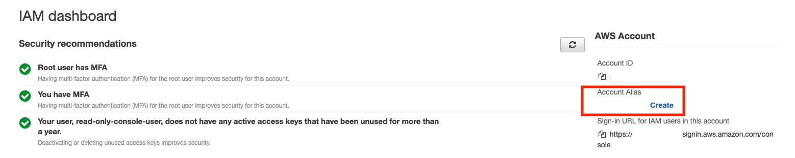 AWS IAM dashboard showing Account Alias section with a Create button
