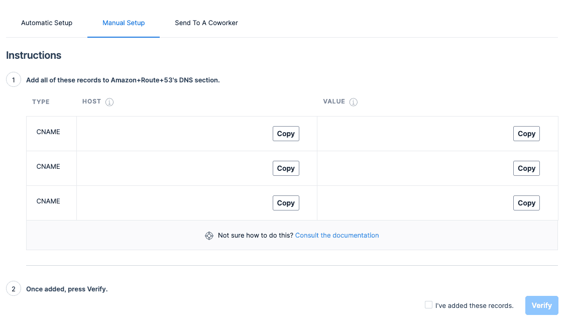 CNAME records are displayed to be added to the DNS