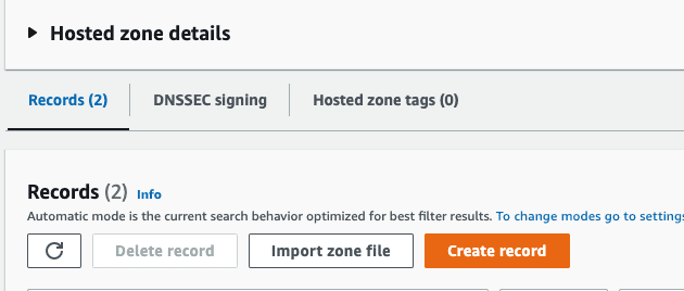 Route53 records page showing the Create record button