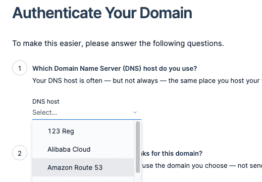 Authenticate Your Domain page showing Amazon Route 53 as host