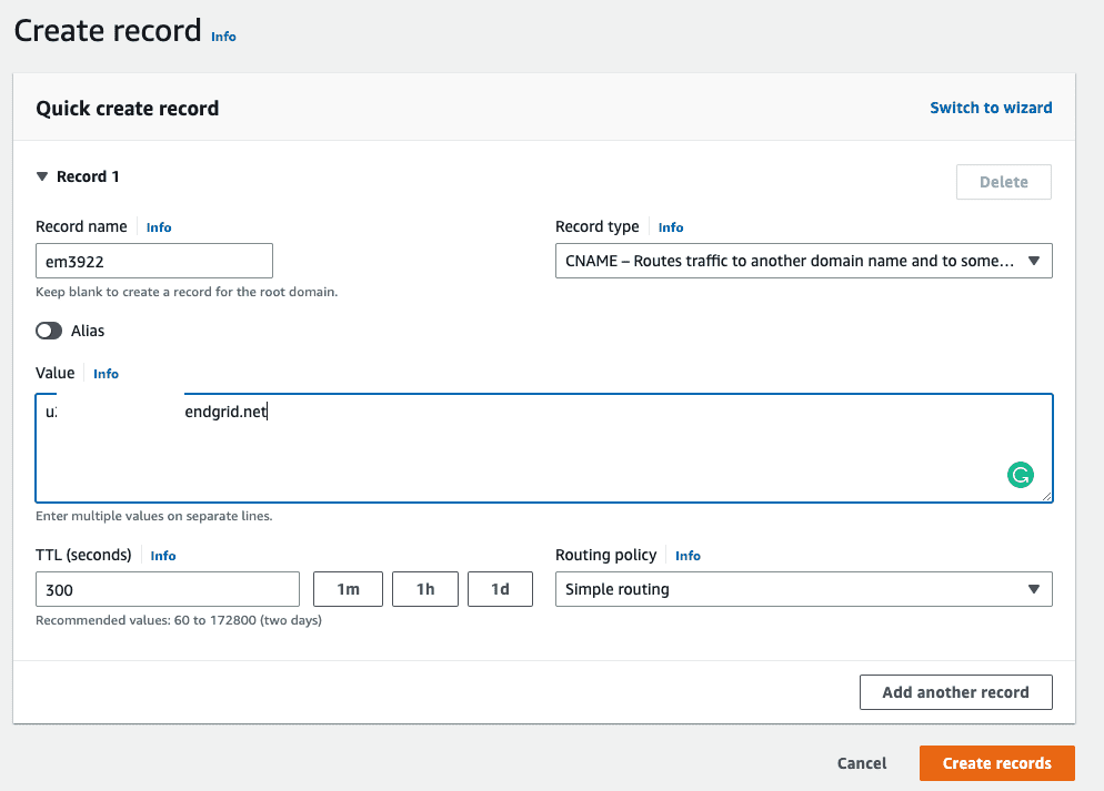 Create record page showing the details of the new DNS record