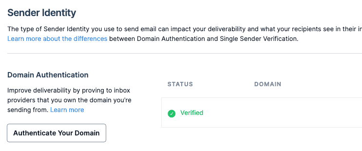 Sender Authentication page shows the verified domain