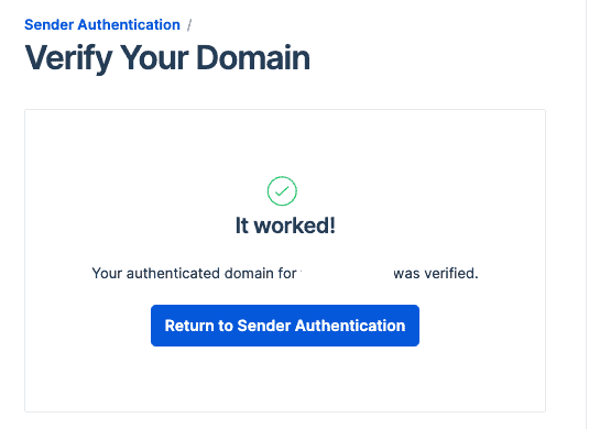 Verify Your Domain page showing the success message