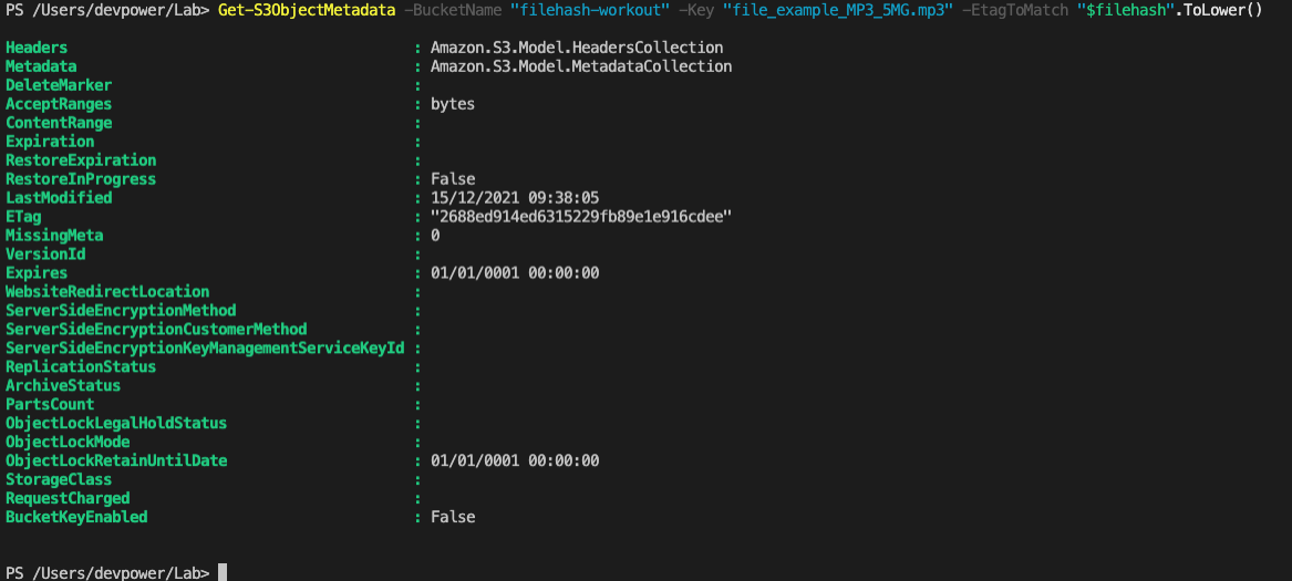 Terminal output showing successful output of Get-S3ObjectMetada cmdlet executed with correct hash value