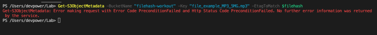 Terminal window showing PreconditonFailed error after running Get-S3ObjectMetada cmdlet