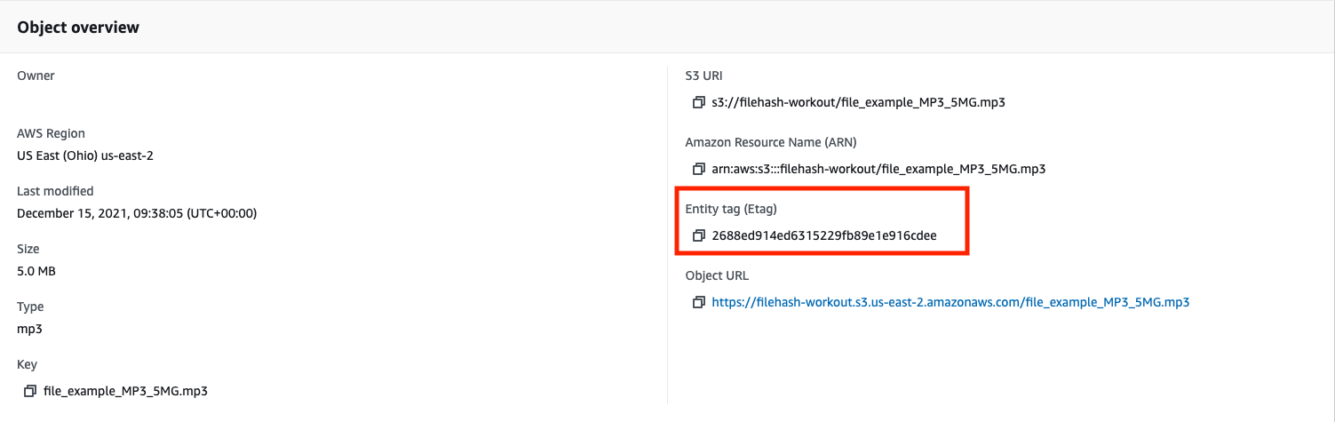 AWS S3 dashboard showing the Etag value of the uploaded file