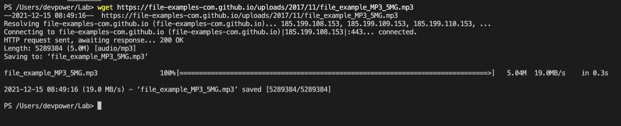 Output of wget command showing the download of a file