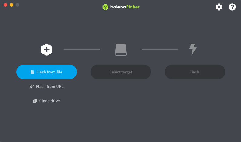 balenaEtcher opening screen showing flashing options (file, URL, clone drive)