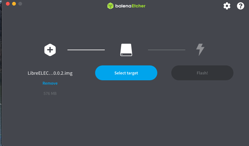 balenaEtcher showing the Select target button highlighted