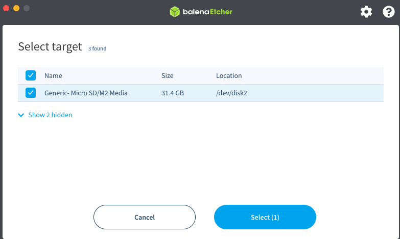 balenaEtcher showing the target selected
