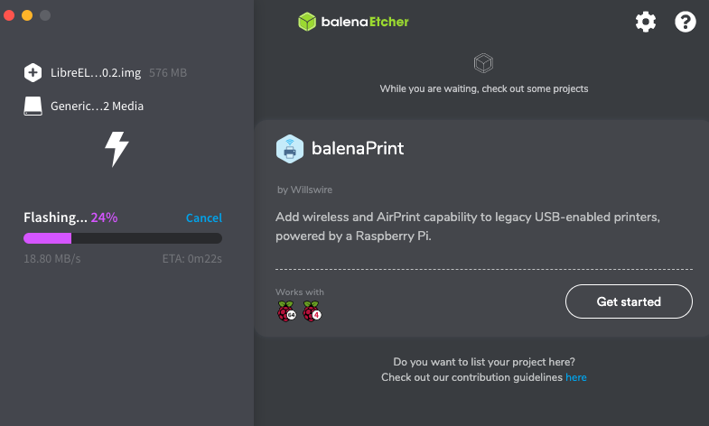 balenaEtcher showing the flashing progress