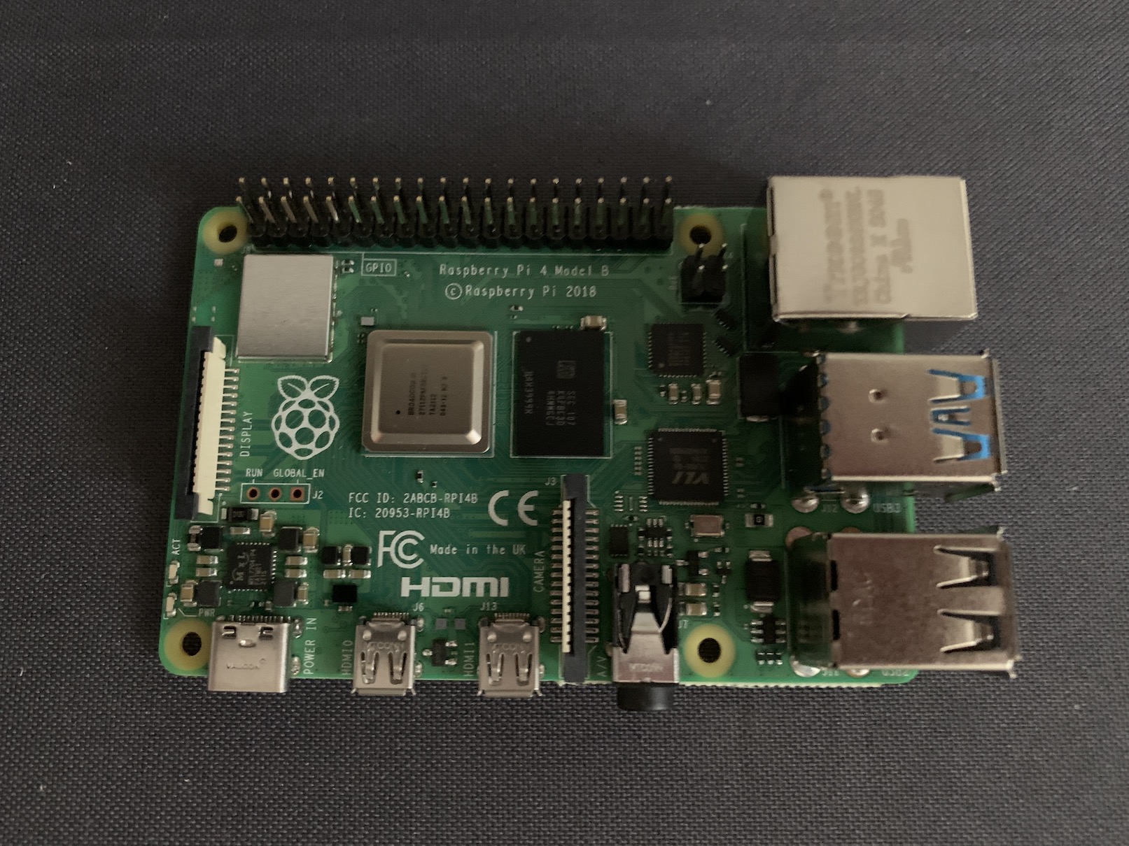 Image of a Raspberry Pi 4 Model B manufactured in 2018