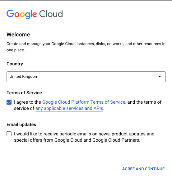Google Cloud Terms of Service agreement screen