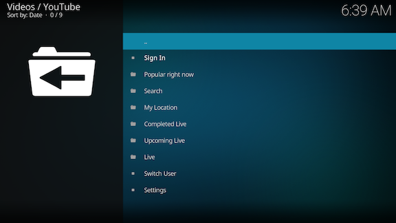 YouTube add-on main screen