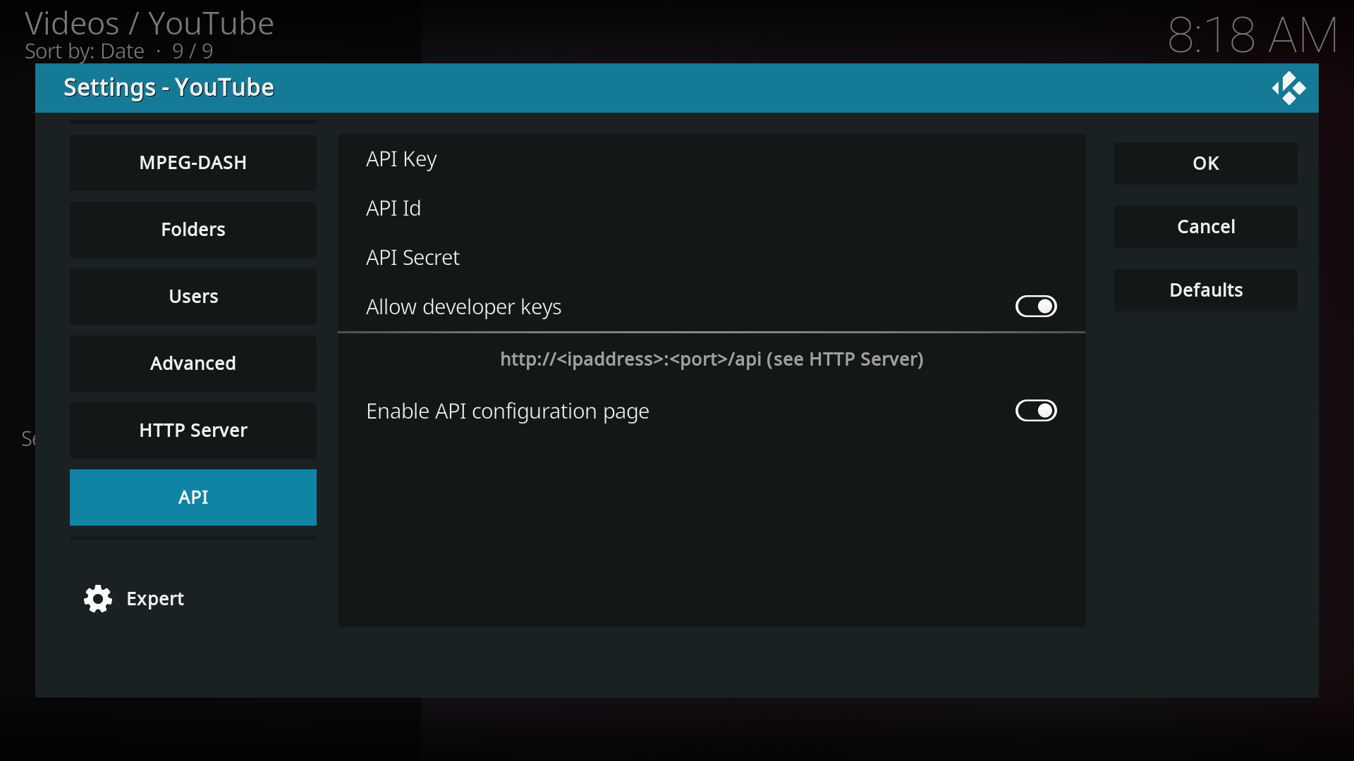 Enable API configuration page