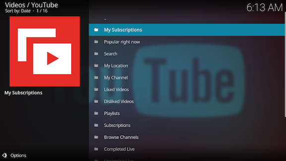 Kodi main screen with logged in user