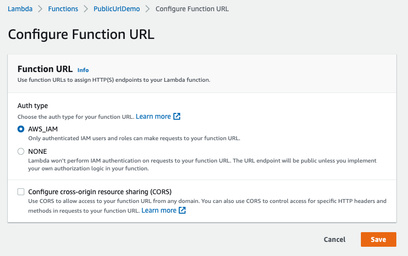 Configure function URL section showing AWS_IAM selected by default