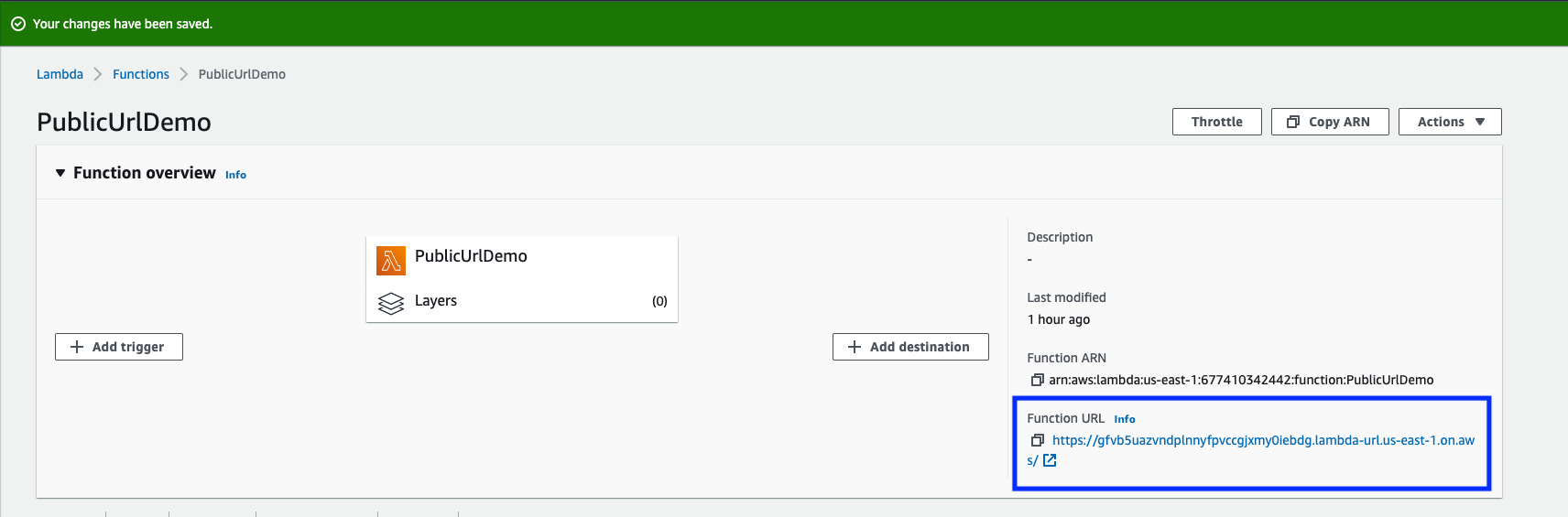 Function URL highlighted
