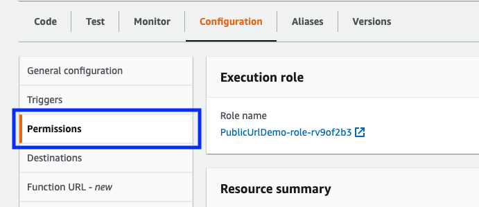 Permissions highlighted in the Configuration tab