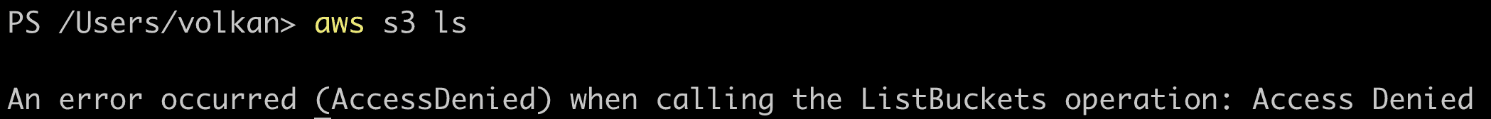 Terminal showing Access Denied error while trying to list the buckets