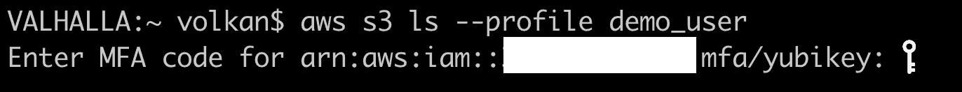 Terminal showing AWS CLI asking for an MFA code