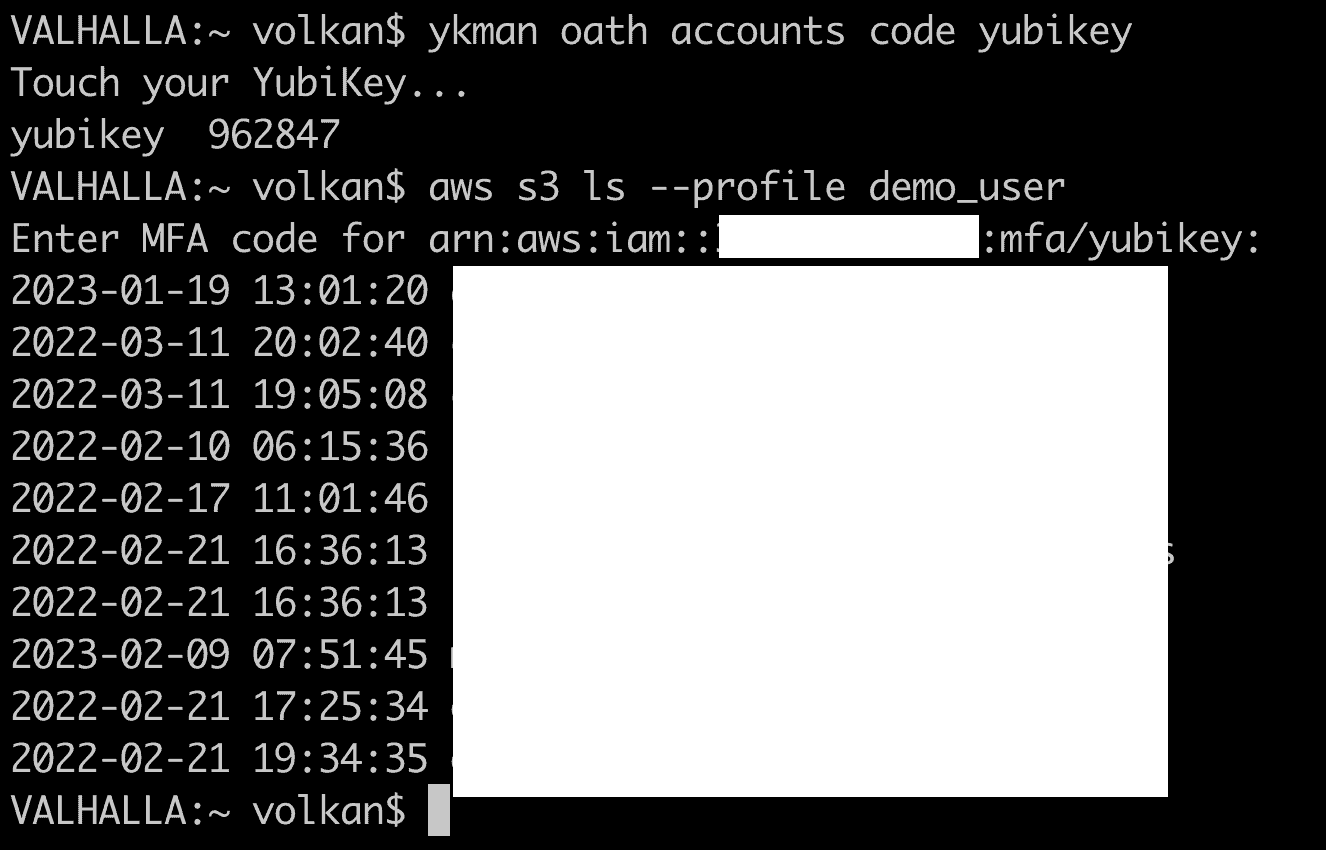 Terminal window showing successful results after MFA code has been entered