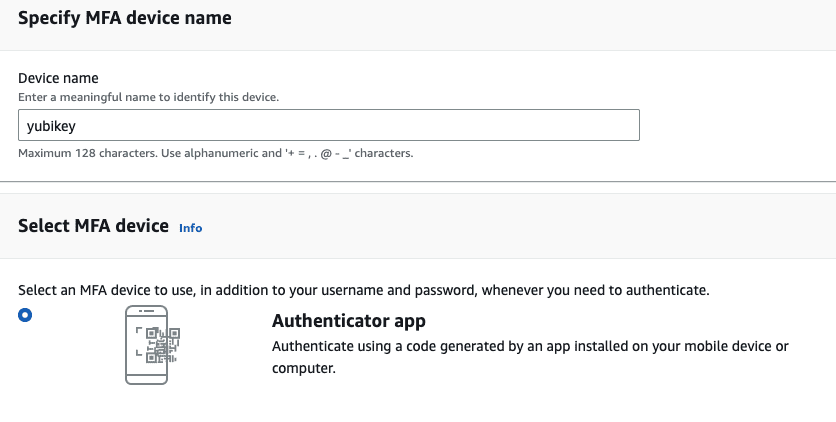 Select MFA device page showing yubikey entered as device name and Authenticator app selected as device type.