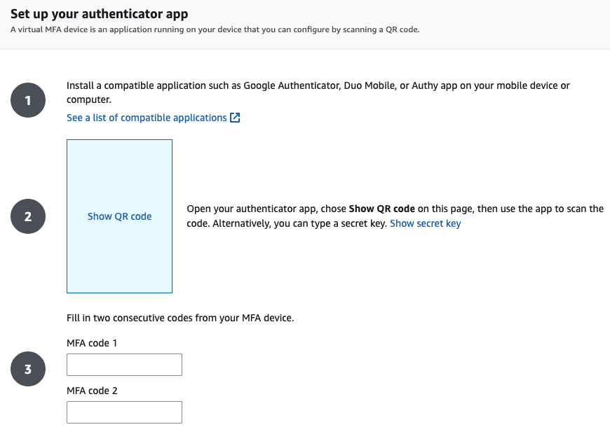 Set up device page showing the Show secret key link