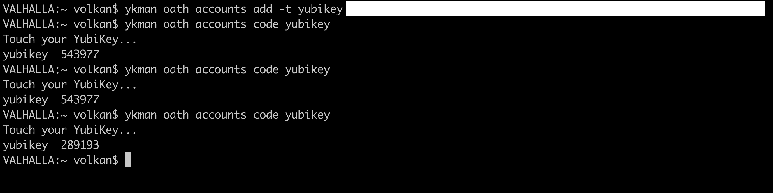 Terminal window showing ykman commands to add the key and generate the codes